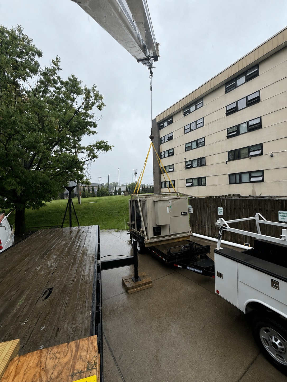 HVAC equipment being lifted beside a commercial building